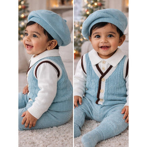 2 Pcs Teal Vest - Style Winter Cardigan & Pants with Beret - Style Cap for Infants - 0 - 3 Months Winter Wear