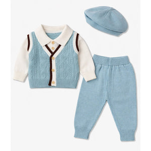 2 Pcs Teal Vest - Style Winter Cardigan & Pants with Beret - Style Cap for Infants - 0 - 3 Months Winter Wear