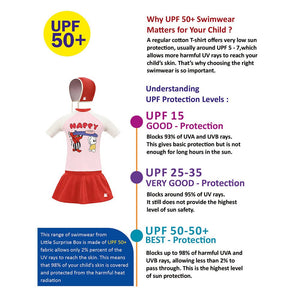 2 Pcs Top & Skort Set Red & Pink "Happy Surf Club" Cartoon Print UPF 50+ Swimwear with Matching Swim Cap for Girls With Free Wash Bag - 4 - 5 Years Swim