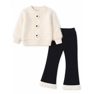2 Pcs White Flower Sweater & Flare Pant, Winterwear co ord set for Girls - 2 - 3 Years Winter Wear