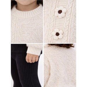 2 Pcs White Flower Sweater & Flare Pant, Winterwear co ord set for Girls - 2 - 3 Years Winter Wear