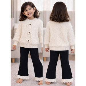 2 Pcs White Flower Sweater & Flare Pant, Winterwear co ord set for Girls - 2 - 3 Years Winter Wear