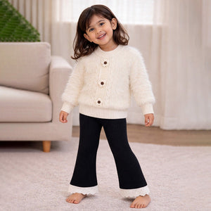 2 Pcs White Flower Sweater & Flare Pant, Winterwear co ord set for Girls - 2 - 3 Years Winter Wear