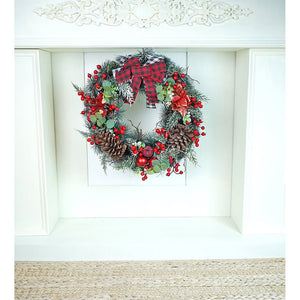 20 inches Big Red & Black Checkered Bow Bushy Christmas wreath filled with berries and fillers for christmas Décor - Christmas