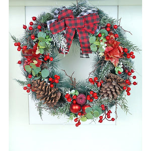 20 inches Big Red & Black Checkered Bow Bushy Christmas wreath filled with berries and fillers for christmas Décor - Christmas