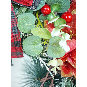 20 inches Big Red & Black Checkered Bow Bushy Christmas wreath filled with berries and fillers for christmas Décor - Christmas