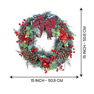 20 inches Big Red & Black Checkered Bow Bushy Christmas wreath filled with berries and fillers for christmas Décor - Christmas