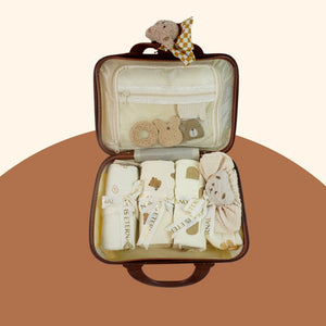20 pcs Chubby Cream Teddy Face Birthday Gift Hamper set for Baby with travelling suitcase - Baby Gifting