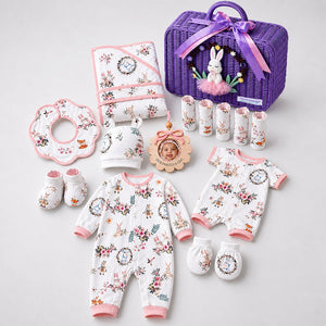 20 pcs, Woodland Rabbit Cane Basket themed Newborn Baby Girl All Season wear,Gift Hamper set,0 - 12 months - Baby Gifting