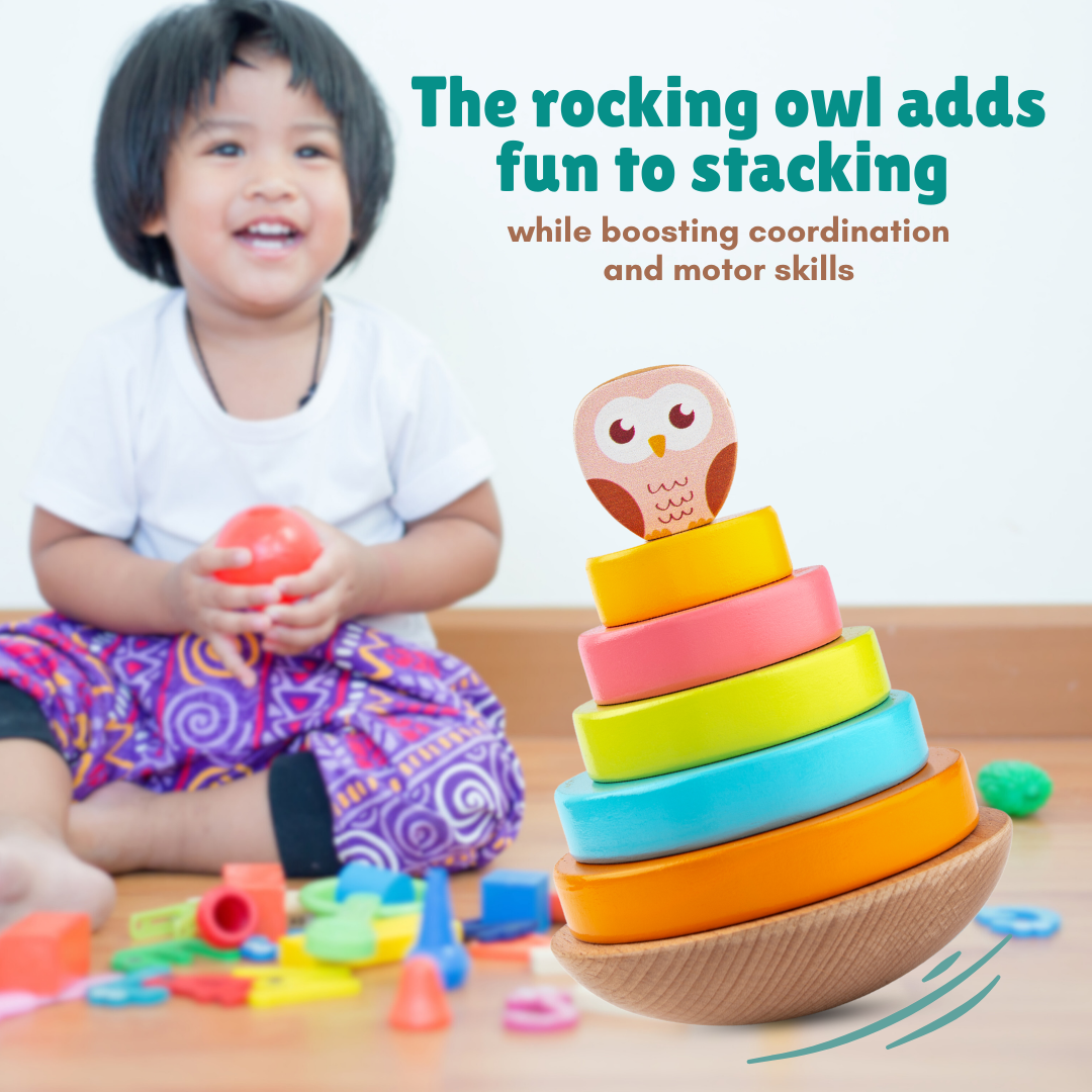 Cots and Cuddles Wooden Wobbling Owl Tower with Ring Stacking Toy for Kids