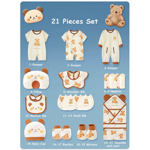 21 pcs Brown Cream Lovely Bear Newborn Baby Girl/ Boy Gift Box , all season wear Hamper, (0 - 12 months) - Baby Gifting