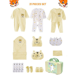 21 Pcs Light Yellow Tiger Newborn Baby Girl/ Boy All Season Wear Gift Hamper With Suitcase - Little Surprise Box21 Pcs Light Yellow Tiger Newborn Baby Girl/ Boy All Season Wear Gift Hamper With Suitcase