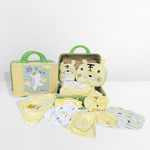 21 Pcs Light Yellow Tiger Newborn Baby Girl/ Boy All Season Wear Gift Hamper With Suitcase - Little Surprise Box21 Pcs Light Yellow Tiger Newborn Baby Girl/ Boy All Season Wear Gift Hamper With Suitcase