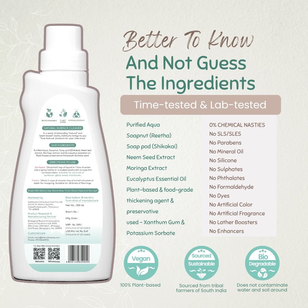 Indimums Reetha, Moringa & Eucalyptus Pet Safe Surface & Floor Cleaner 500 ML