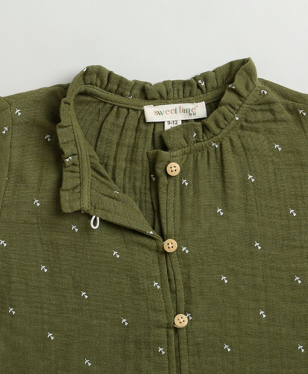 Sweetlime By AS All-Over Floral Printed Olive Green Cotton Shirt.