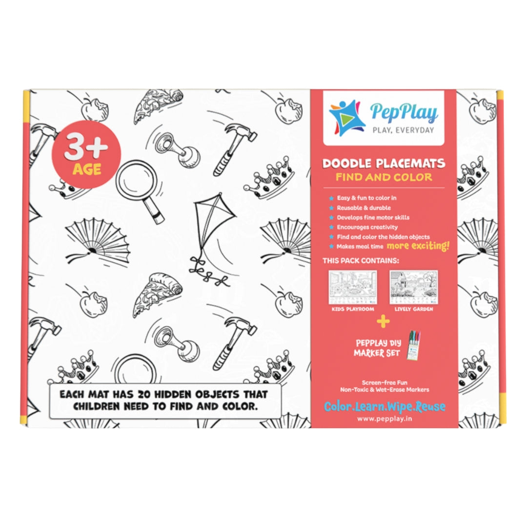PepPlay Doodle Placemats Set– Find & Color Series (DIY Drawing Kit)