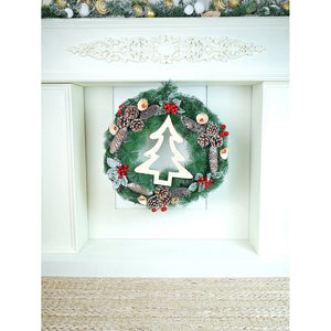 22 inches Bushy Frosty MDF tree with Pinecones berries & Mushroom Buds Christmas wreath and Christmas Décor - Christmas