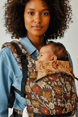 "Stylish floral ergonomic baby carrier for newborn and infant babywearing. Mother comfortably carrying baby in a soft adjustable front carrier designed for proper hip support and everyday comfort."