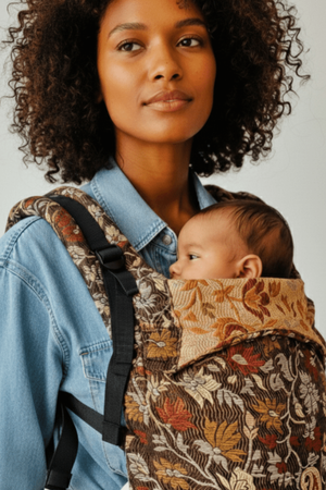 "Premium floral print ergonomic baby carrier for newborns and babies with padded shoulder straps and adjustable waist belt. Soft cotton baby carrier for safe, comfortable and hands-free parenting."