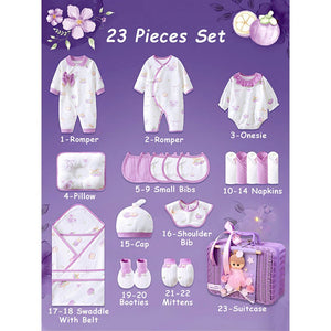 23 pcs Fairy Bow Newborn Baby Girl Gift Box set, All Season Wear Hamper with luxury designed Storage Cane Basket (0 - 12 months) - Baby Gifting