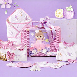 23 pcs Fairy Bow Newborn Baby Girl Gift Box set, All Season Wear Hamper with luxury designed Storage Cane Basket (0 - 12 months) - Baby Gifting