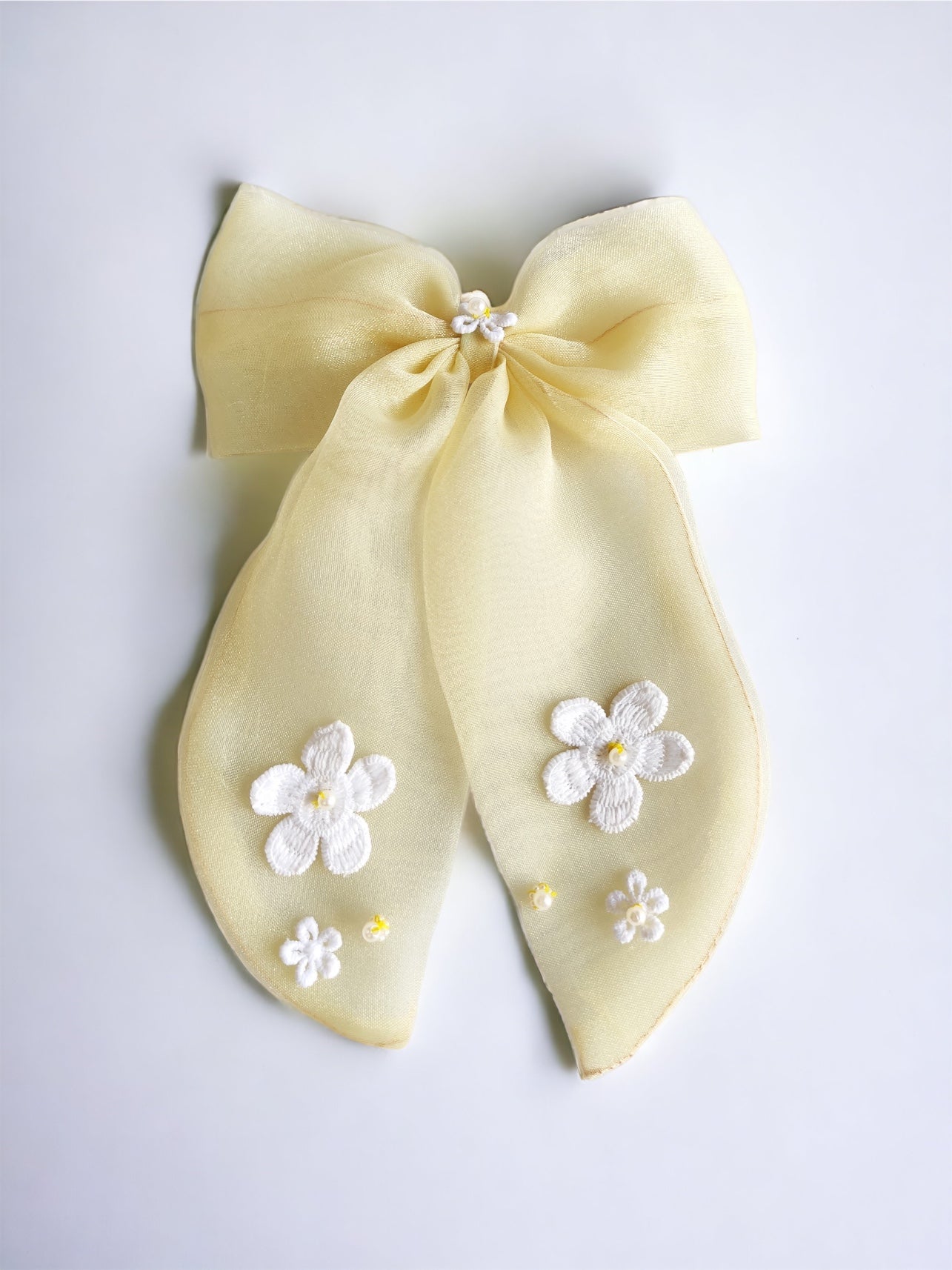 CHOKO Lemony Organza Bow Alligator Hairclip - Cotton Flower and Pearl Embellishments