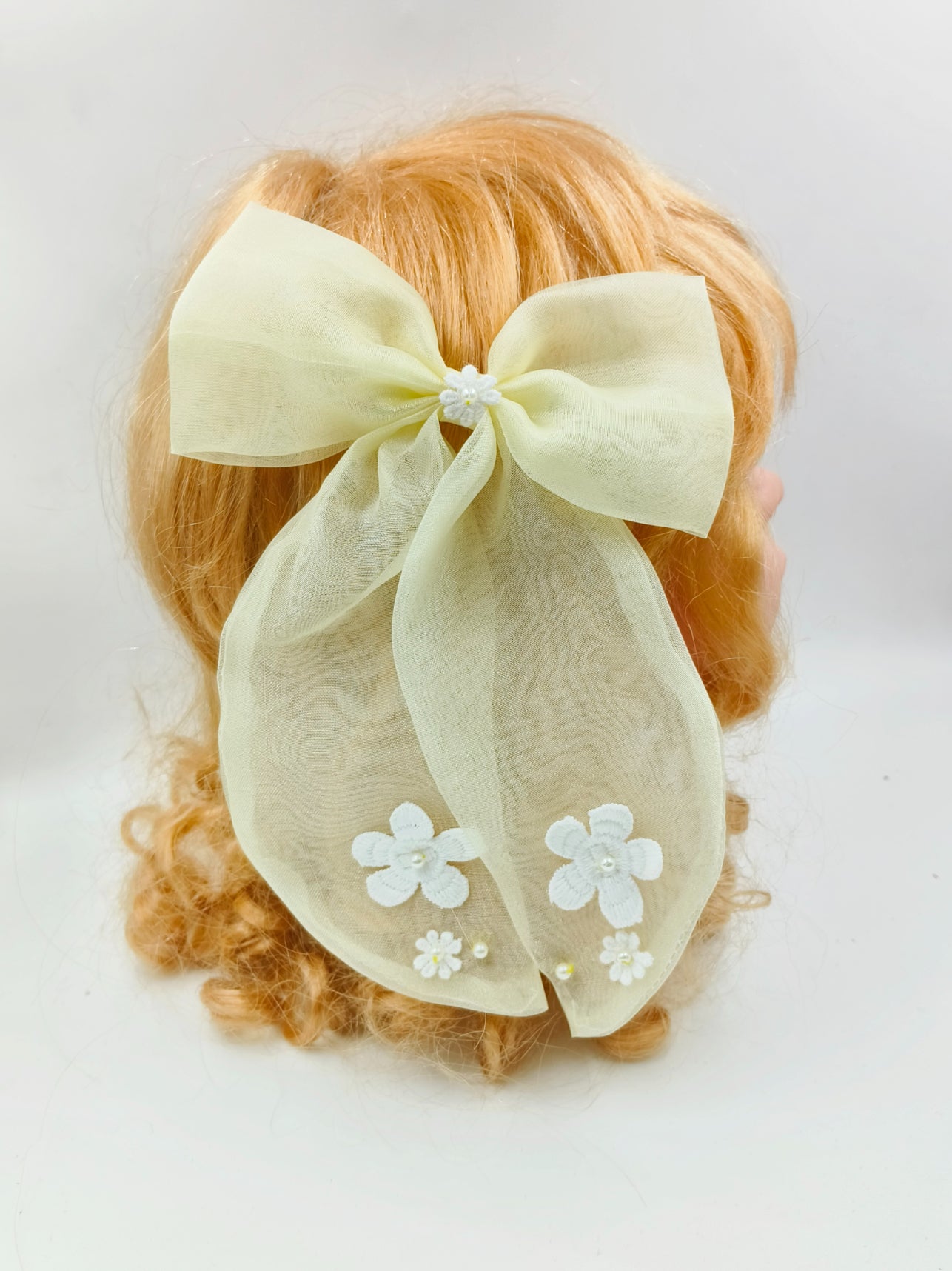 CHOKO Lemony Organza Bow Alligator Hairclip - Cotton Flower and Pearl Embellishments