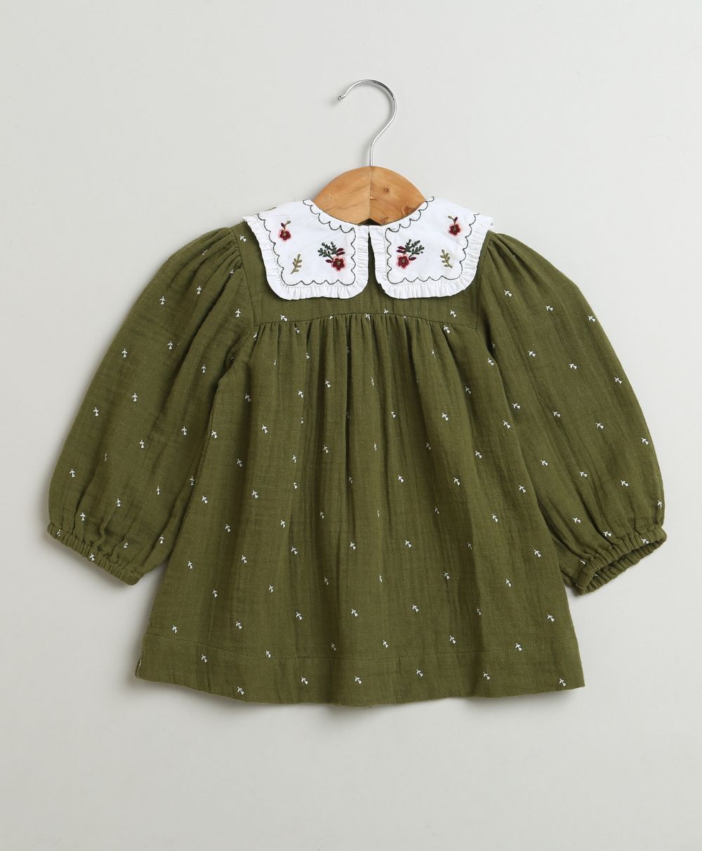 Sweetlime By AS Peter Pan Collar Olive Green Cotton Dress with a Matching Bloomer.