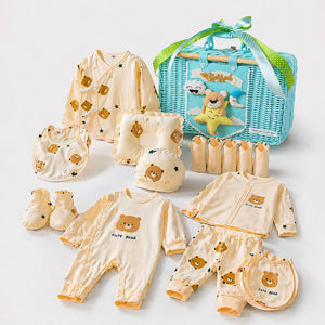 25 pcs Beige Bear Hamper for Newborn Boy/Girl, All Season wear hamper with luxury designed blue storage cane basket 0 - 12 months - Baby Gifting