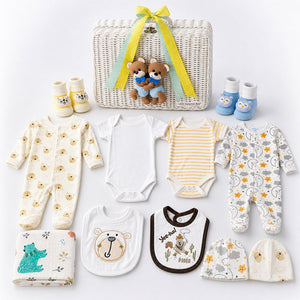 25 pcs, Twin Boys White cane basket themed Newborn Baby Boy, All Season wear,Gift Hamper set, 0 - 6 months - Baby Gifting