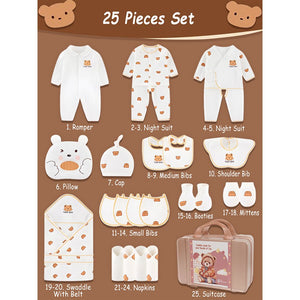 25pcs Cream Teddy Bear Collared Newborn Baby Hamper, Baby Boy/Baby Girl with Suitcase, 0 - 12 months - Baby Gifting