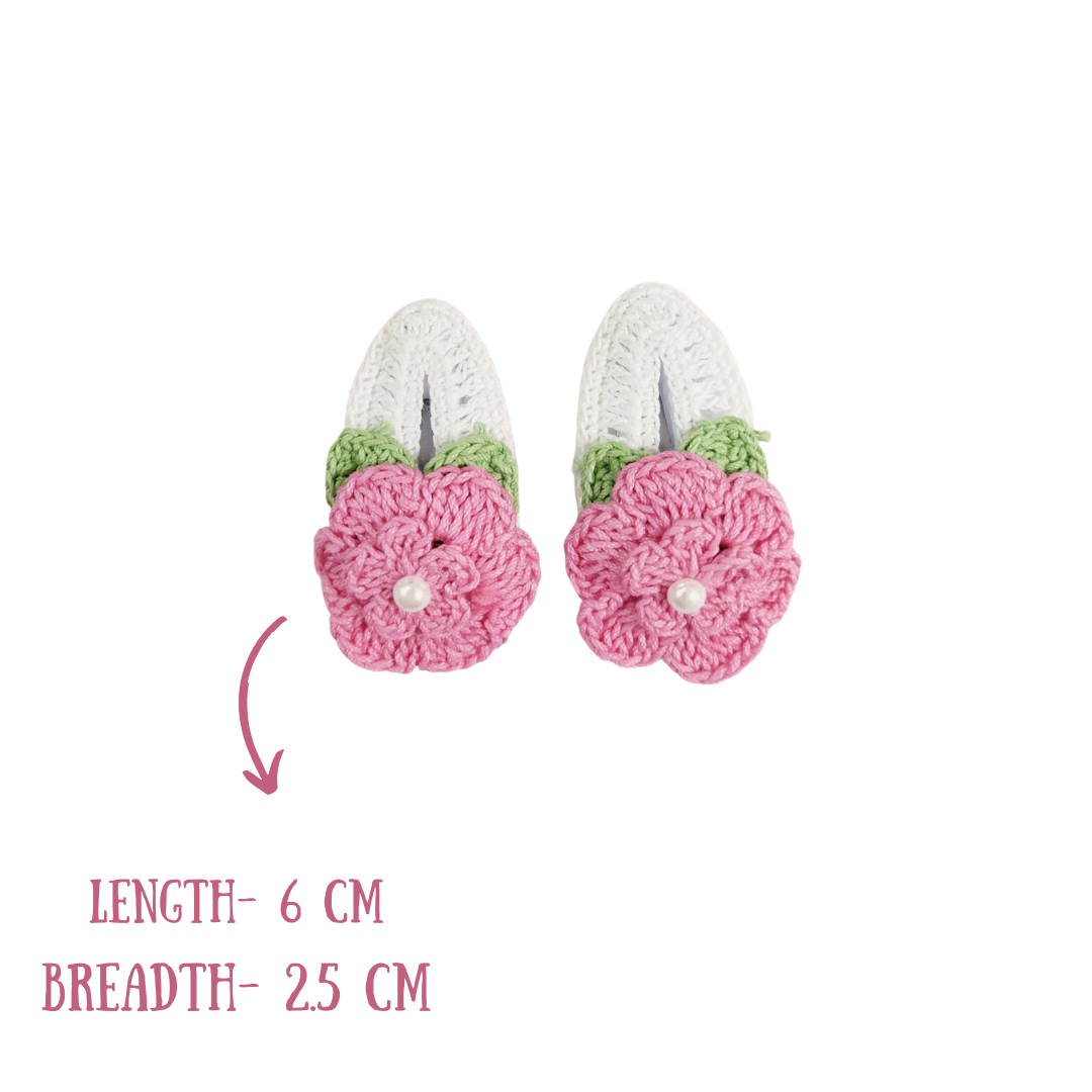 Happy Threads | Unique Handmade Crochet White Hair Clips with Pink Flowers for Kids - Charming Accessories