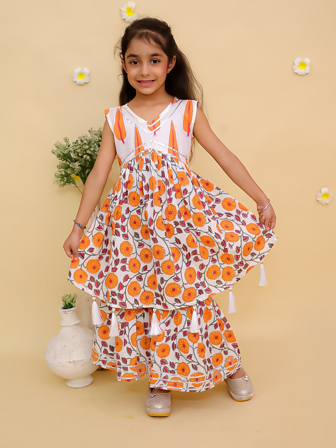 Ethnic Set-Narangi Girls Anarkali Kurta Sharara Set and Boys Jacket And Kurta Pajama Set