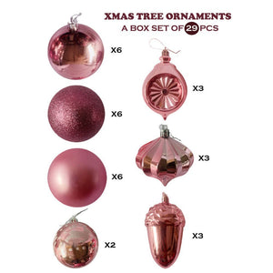 29 pcs, Shiny Metallic Pink Colour Hanging Christmas Tree Ornaments - 