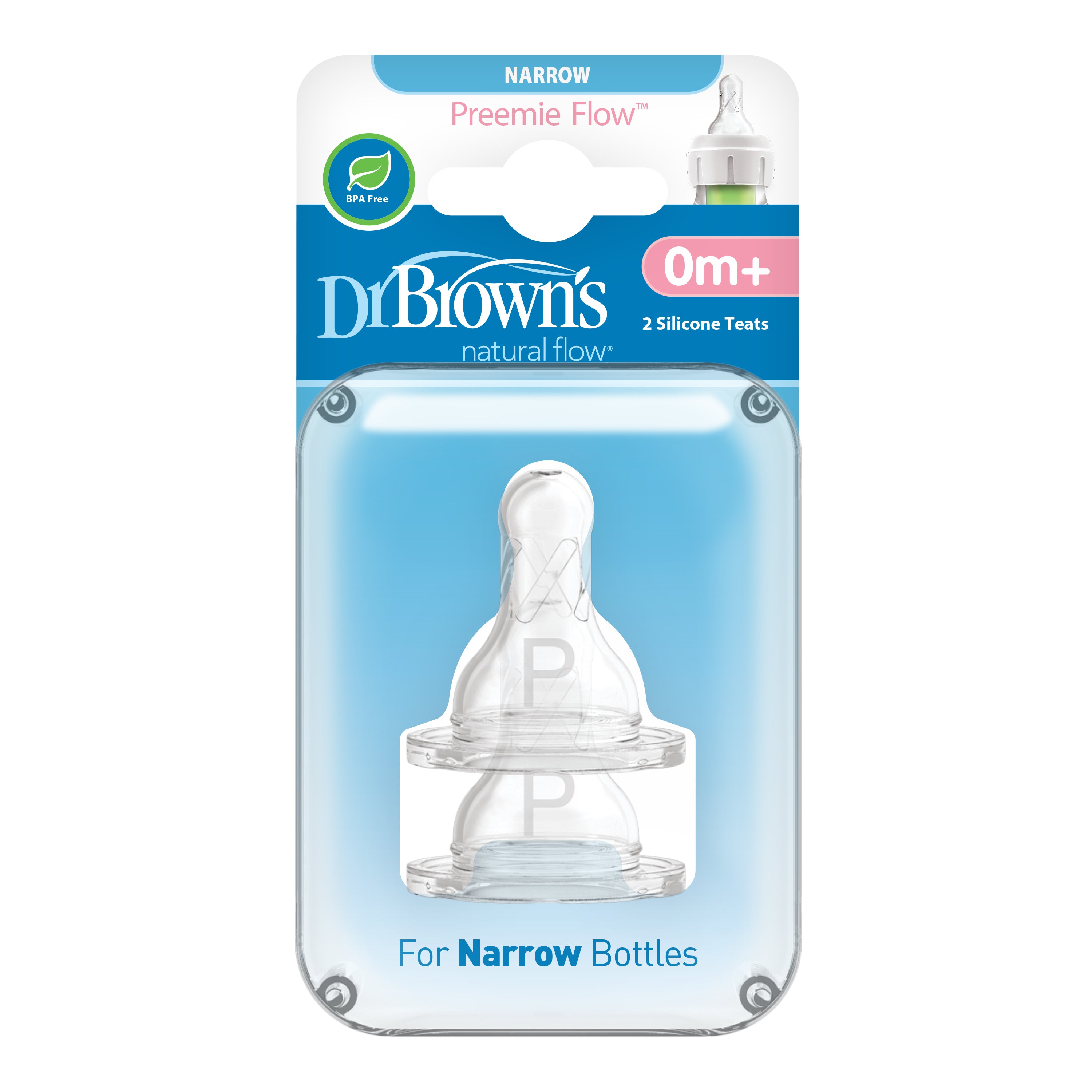 Dr. Brown's Preemie Flow Silicone Narrow Nipple, 2-Pack Transparent Birth+ to 3M