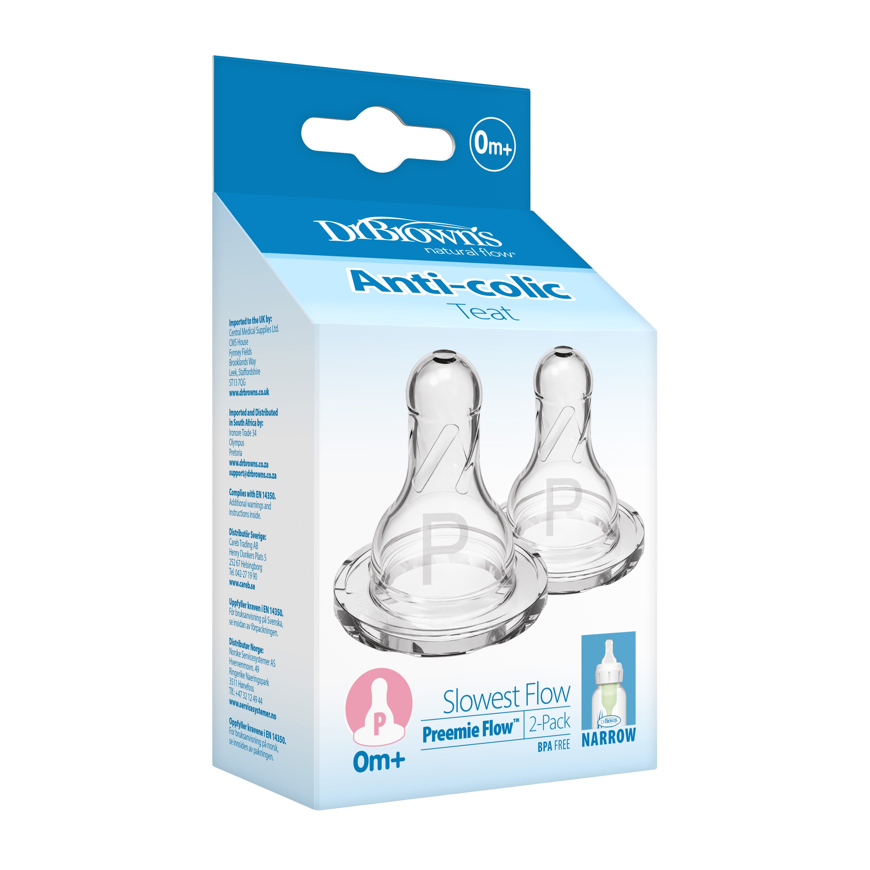 Dr. Brown's Preemie Flow Silicone Narrow Nipple, 2-Pack Transparent Birth+ to 3M