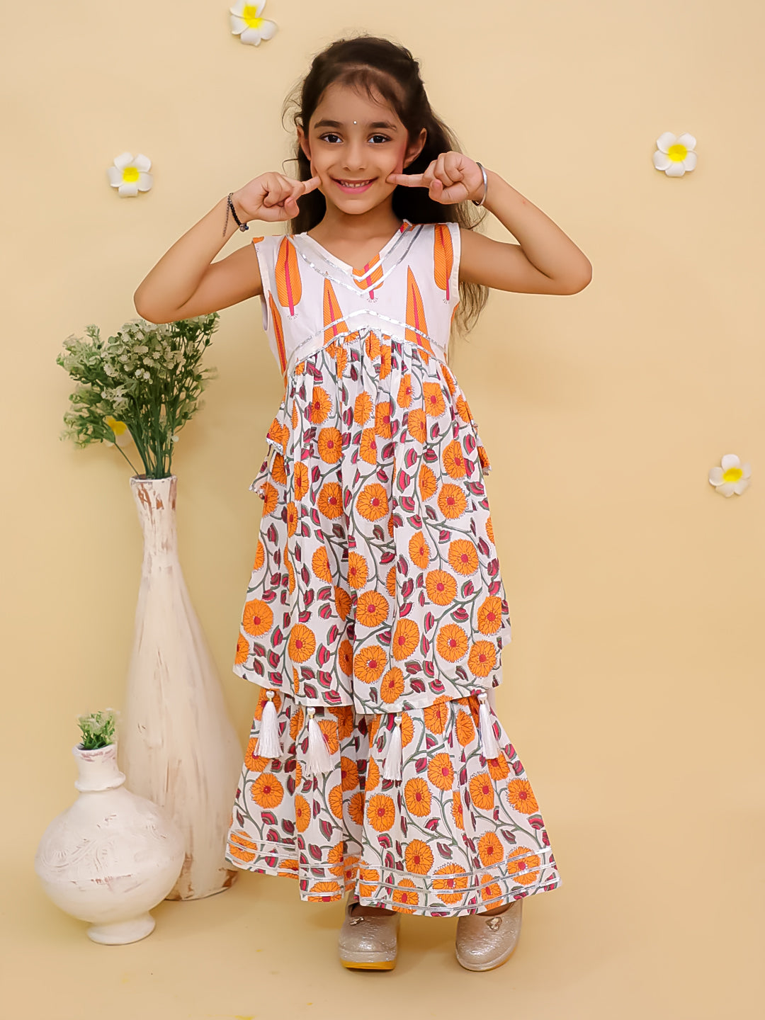 Ethnic Set-Narangi Girls Anarkali Kurta Sharara Set and Boys Jacket And Kurta Pajama Set