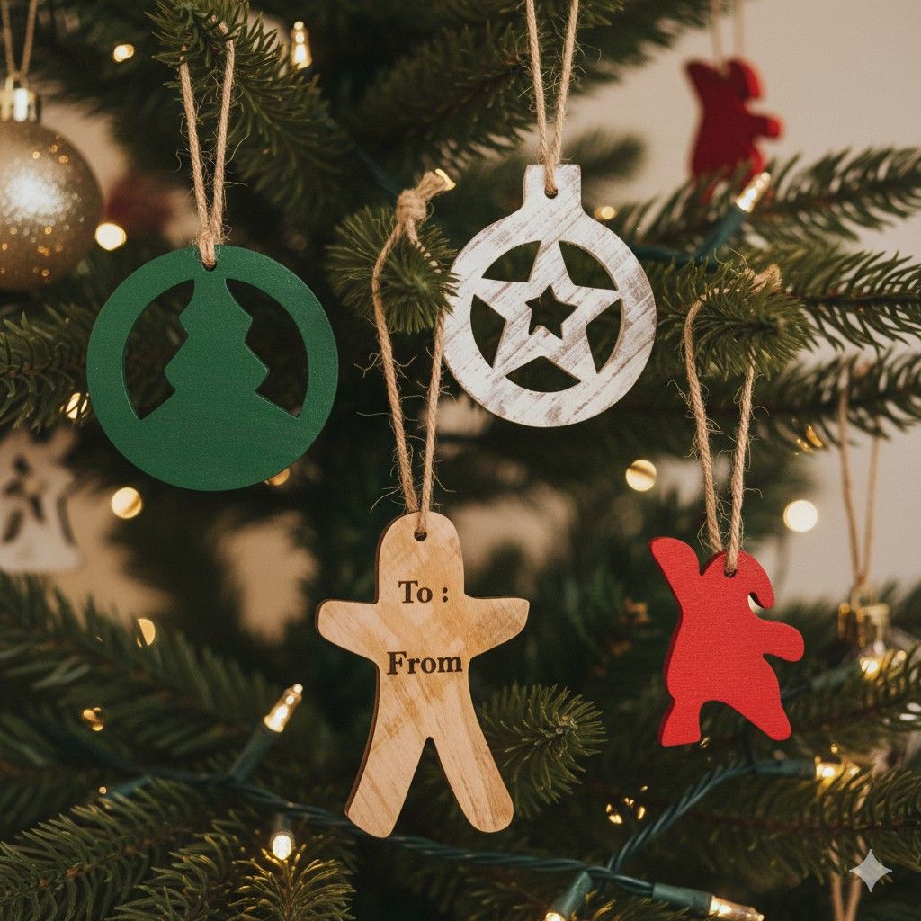 SWEN HERMES, Pack of 4 Wooden Christmas Tree Ornaments - Star, Tree, Candyman, Santa