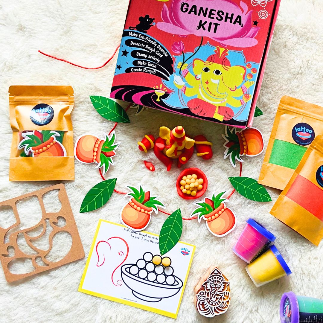LattooLand Ganesha Kit - Set of dough tubs, Stamp, Stencil, Rangoli Powder, Toran making kit