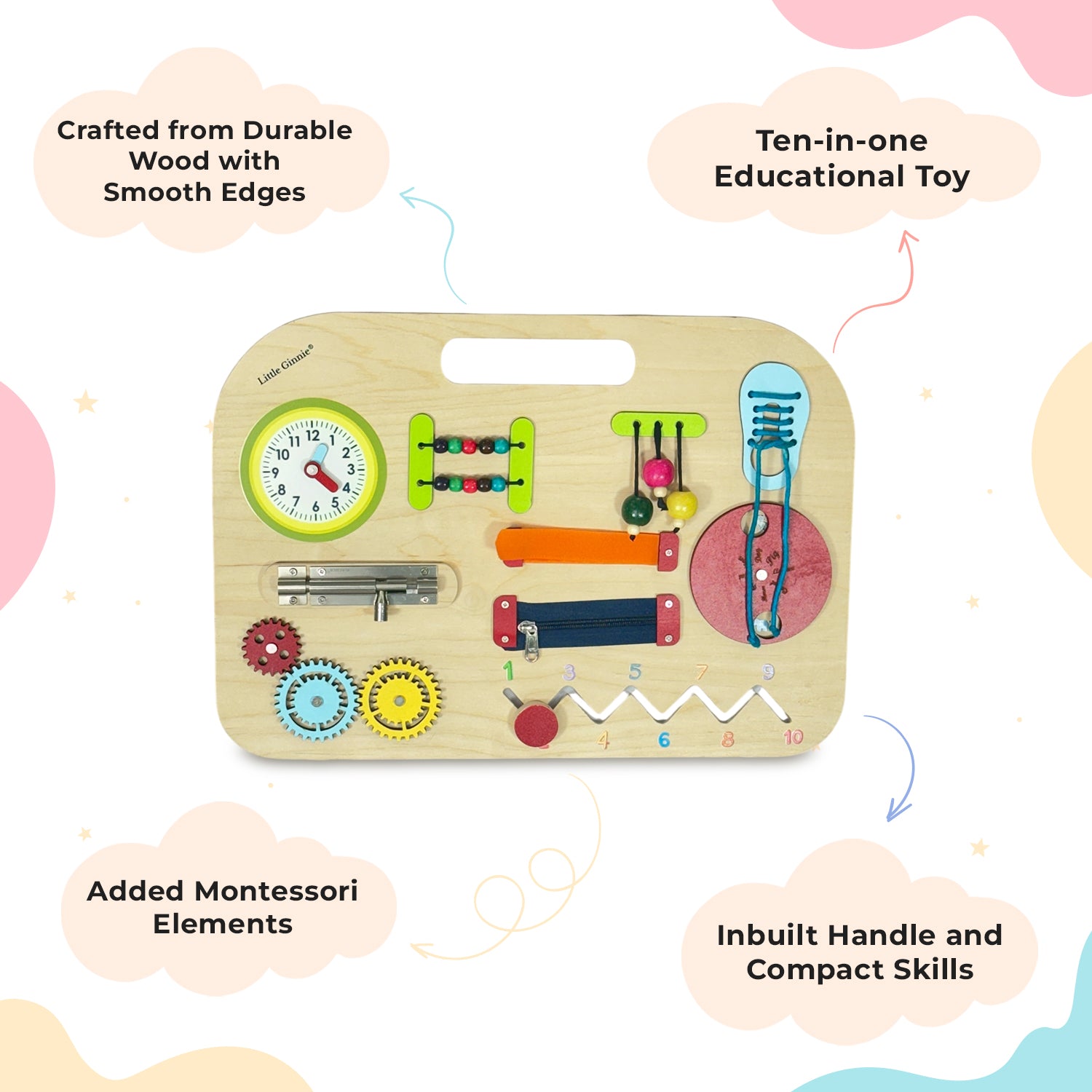 Little Ginnie Wooden Busy Board for Toddlers | 10-in-1 Wooden Educational Toy with Clock, Zipper, Gear, Puzzle