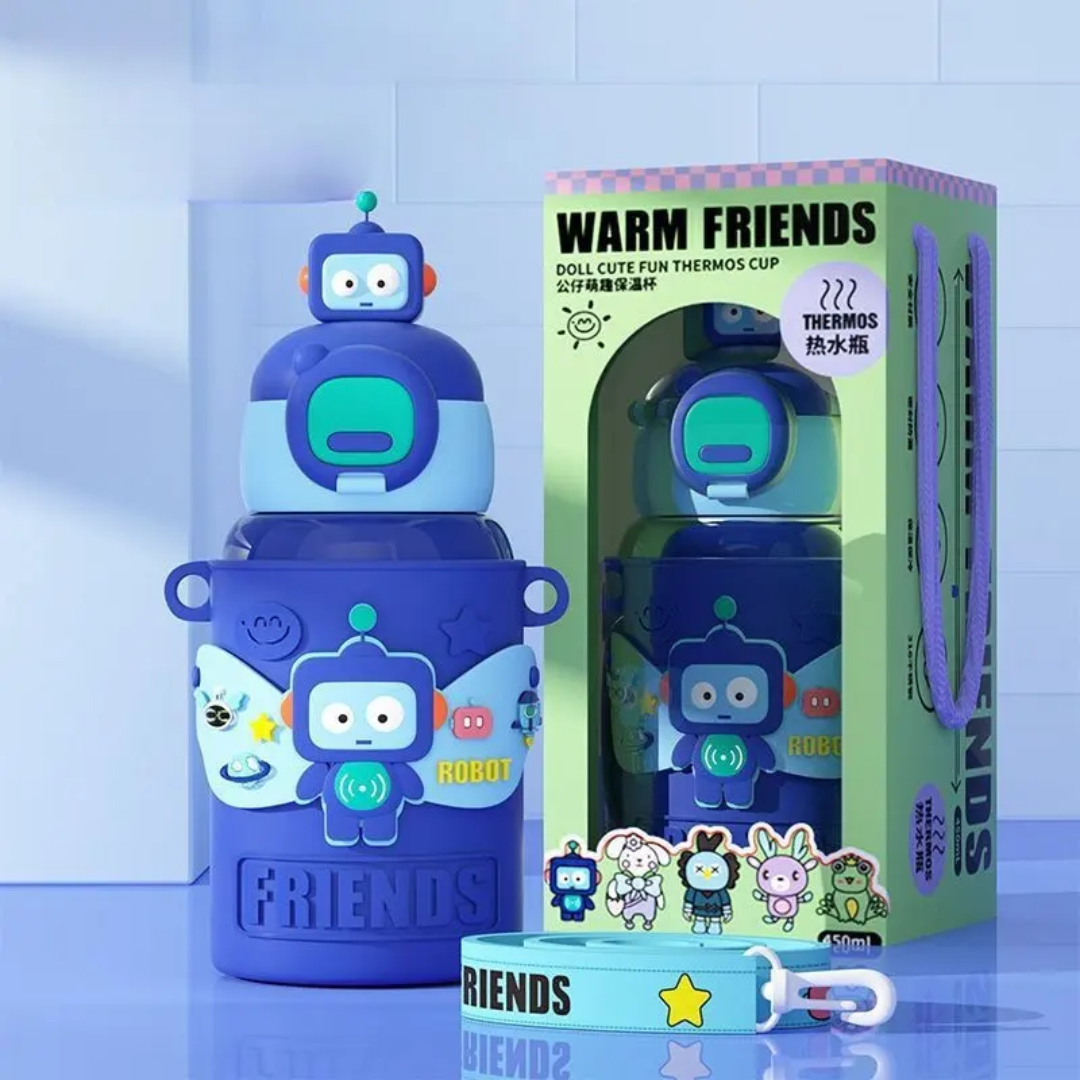Cool Robot Kids’ Water Bottle – 450ml, Insulated & Travel-Friendly with Mini Toys!