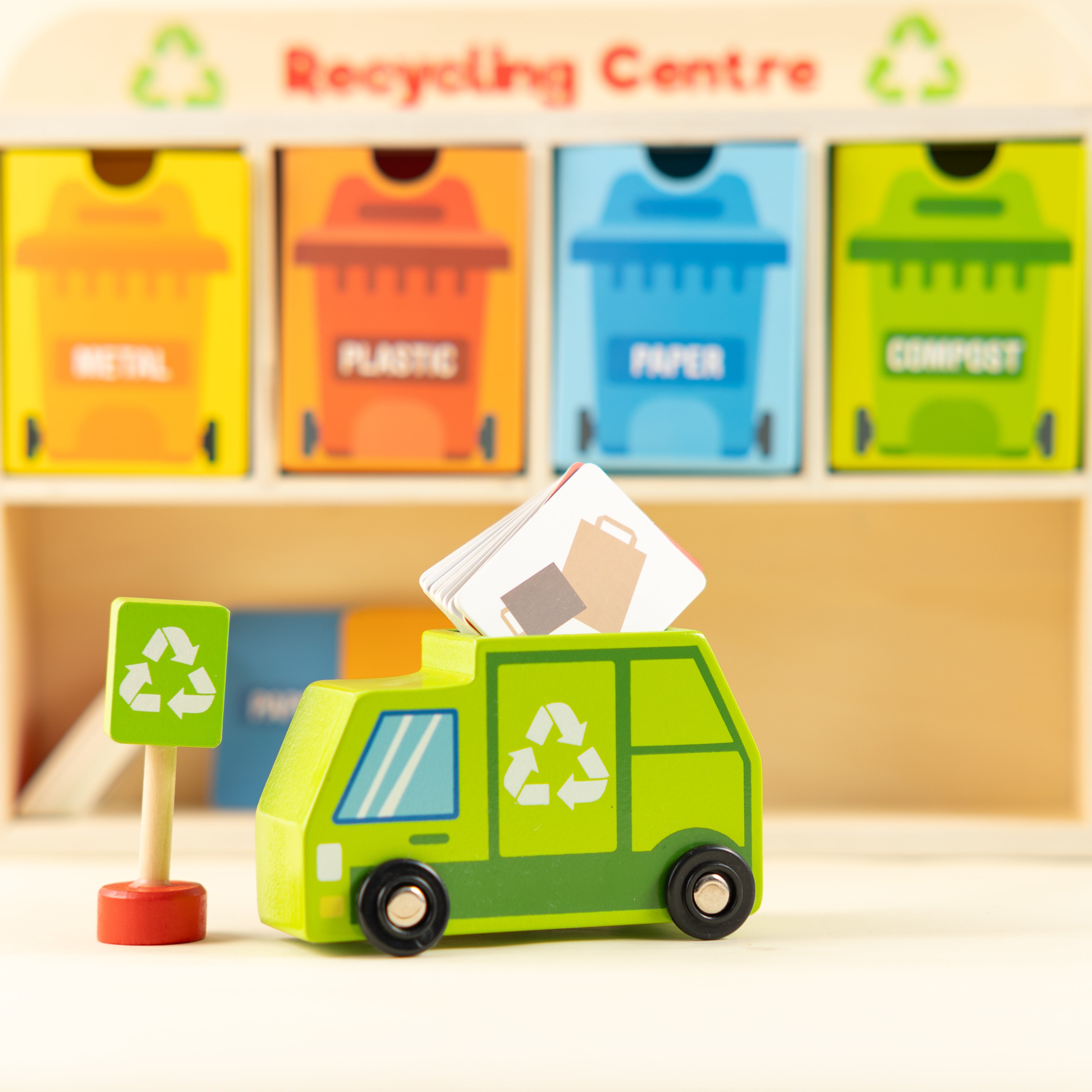 Playbox Wooden Tiny Trash Hub Reduce & Reuse Recycling Green Garbage Truck Toy