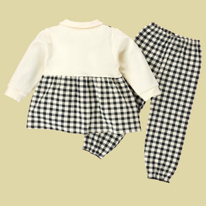 2pcs Black Checks Long Frock style Top with matching full Pants - 12 - 18 Months Kids Clothing