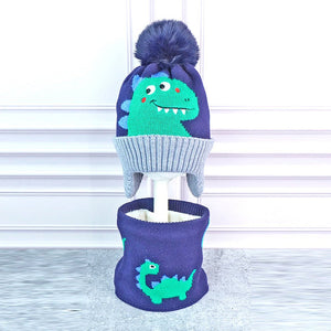 2pcs Blue Green Face Dino themed Beanie Winter Cap with matching Neck Cuff style Muffler for Kids - Winter Wear
