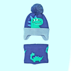 2pcs Blue Green Face Dino themed Beanie Winter Cap with matching Neck Cuff style Muffler for Kids - Winter Wear