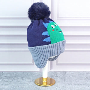 2pcs Blue Green Face Dino themed Beanie Winter Cap with matching Neck Cuff style Muffler for Kids - Winter Wear