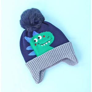 2pcs Blue Green Face Dino themed Beanie Winter Cap with matching Neck Cuff style Muffler for Kids - Winter Wear