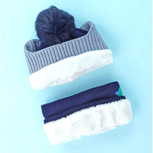 2pcs Blue Green Face Dino themed Beanie Winter Cap with matching Neck Cuff style Muffler for Kids - Winter Wear