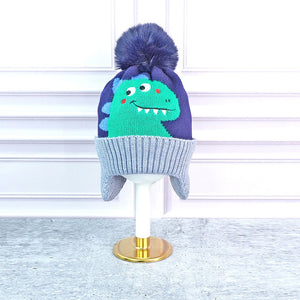 2pcs Blue Green Face Dino themed Beanie Winter Cap with matching Neck Cuff style Muffler for Kids - Winter Wear
