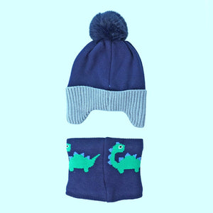 2pcs Blue Green Face Dino themed Beanie Winter Cap with matching Neck Cuff style Muffler for Kids - Winter Wear
